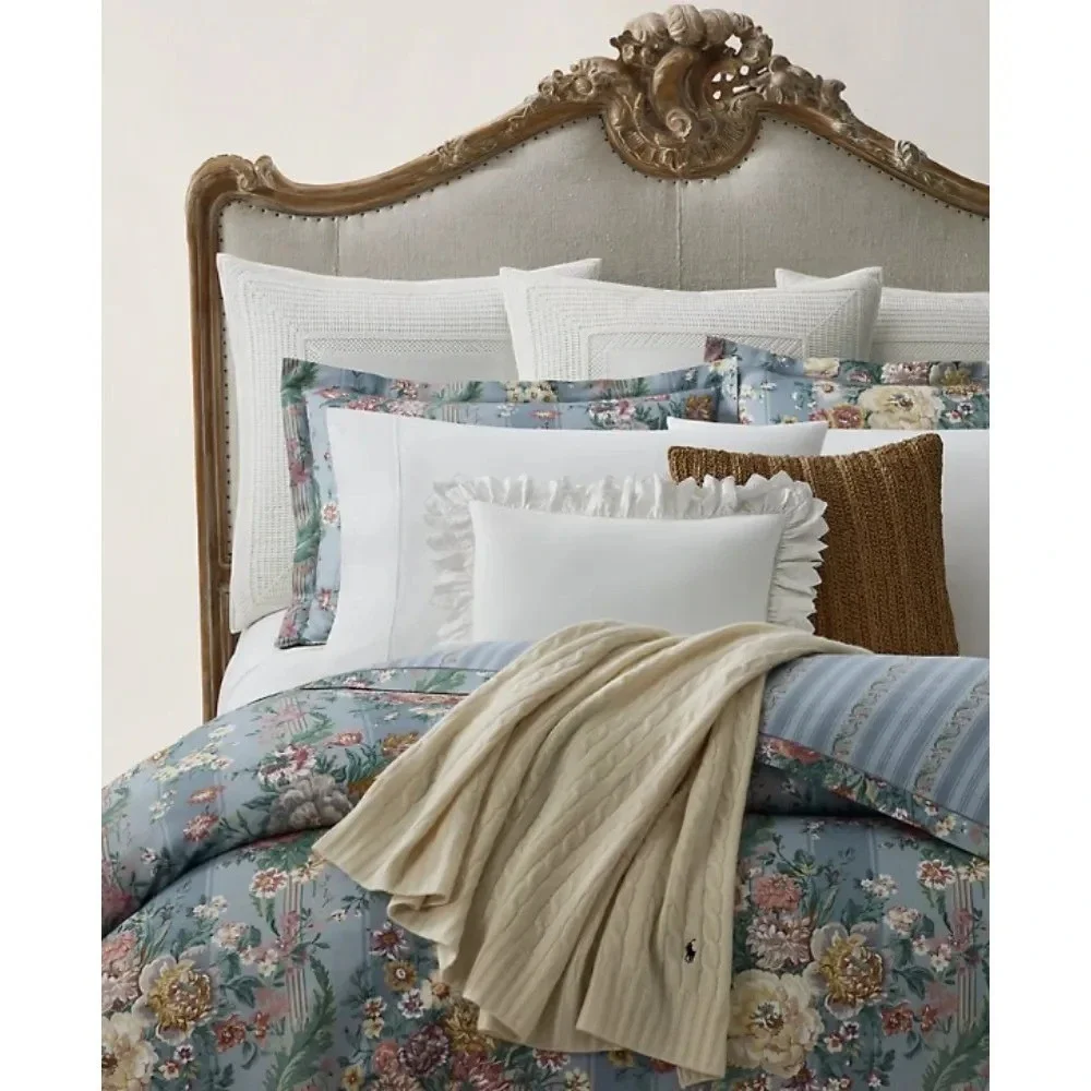 Ralph Lauren Adalia Floral Stripe Duvet Cover Full Queen Blue Hemstitch NIB $430